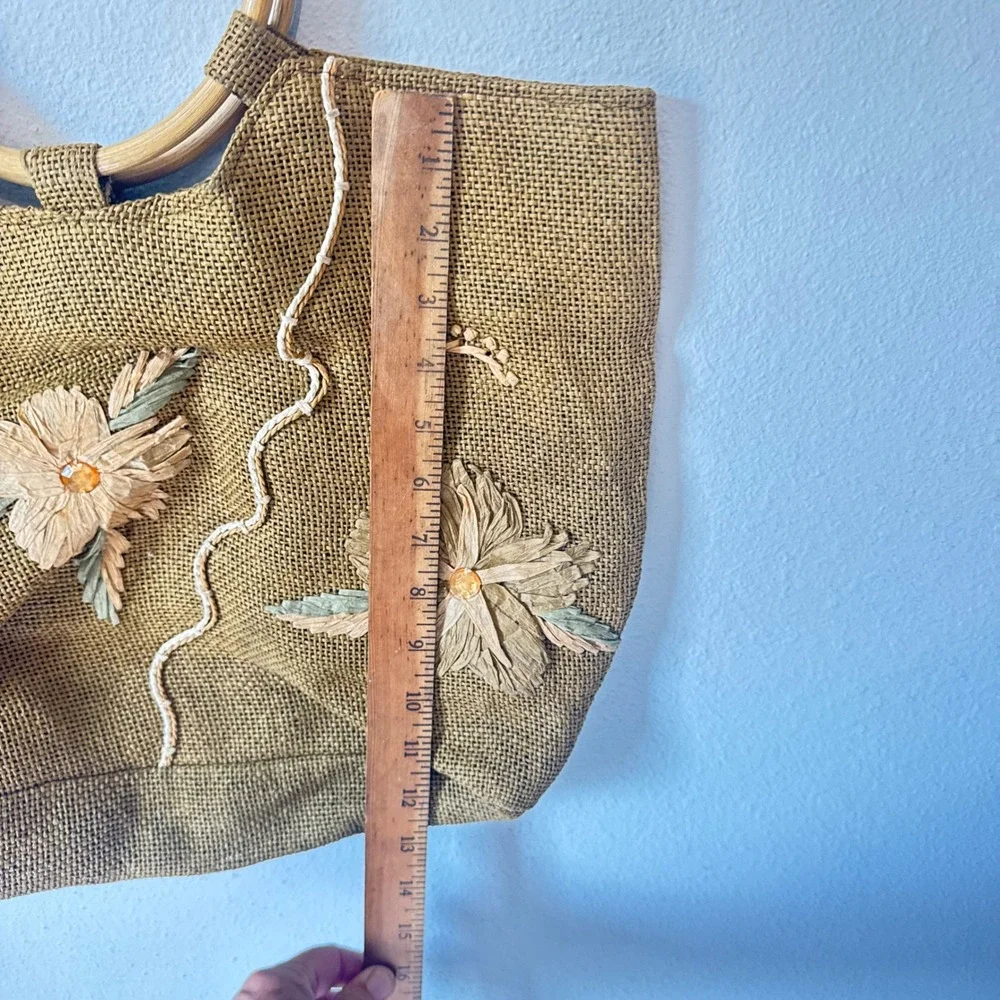 Unbranded Women Tan Burlap Raffia Floral Wooden Handle Boho Tote Bag Large